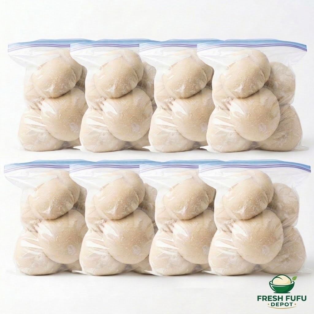 Sealed Ziploc bags of fufu portions ready for stocking up